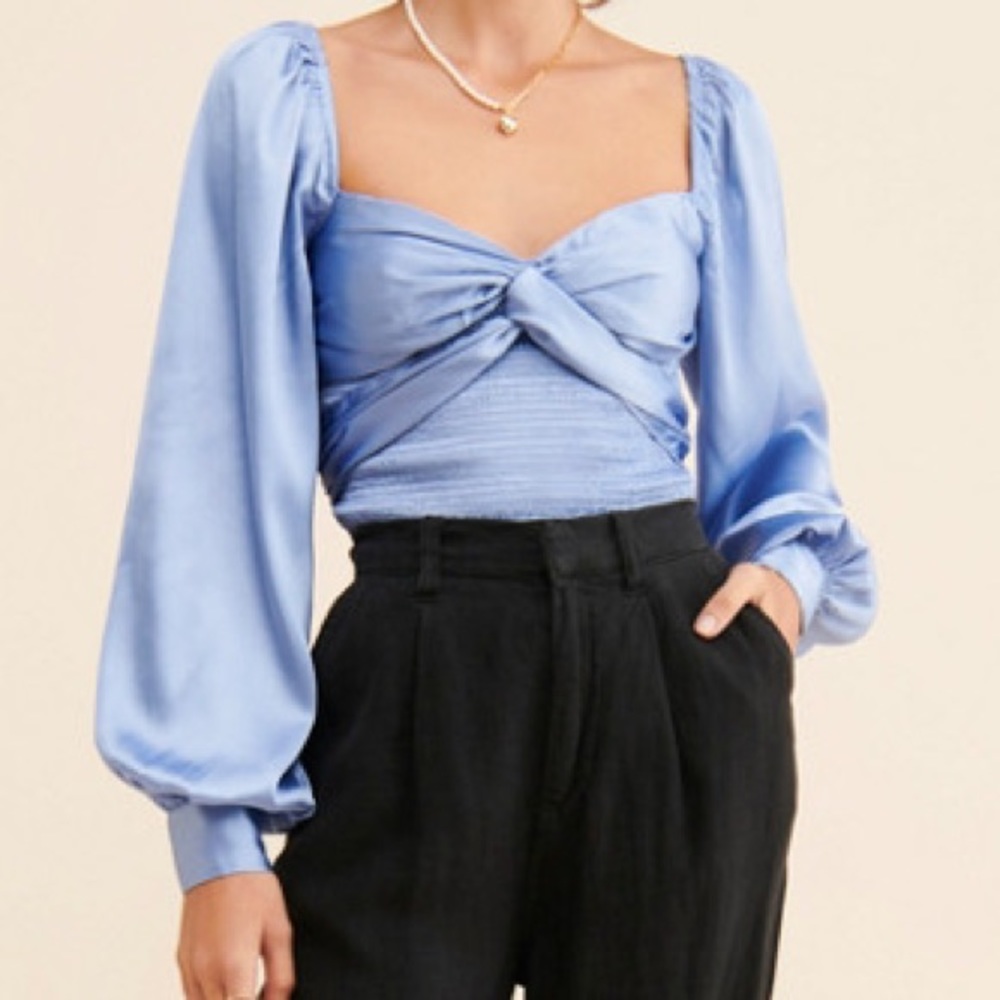 Urban Outfitters Satin Smocked Tie Back Top in Light Blue